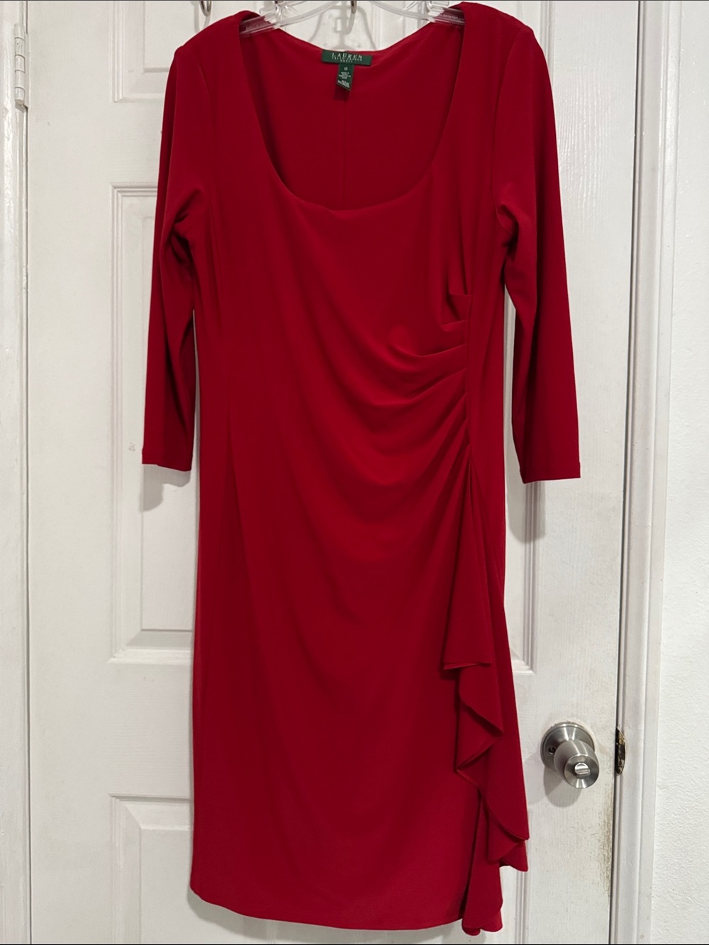 Lauren Ralph Lauren Red Long Sleeve Scoop Neck Ruffle Full Lining Dress Size 12